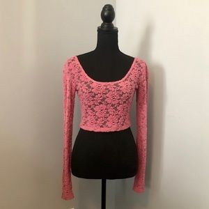 Fitted Mesh Floral Long Sleeve Crop Top